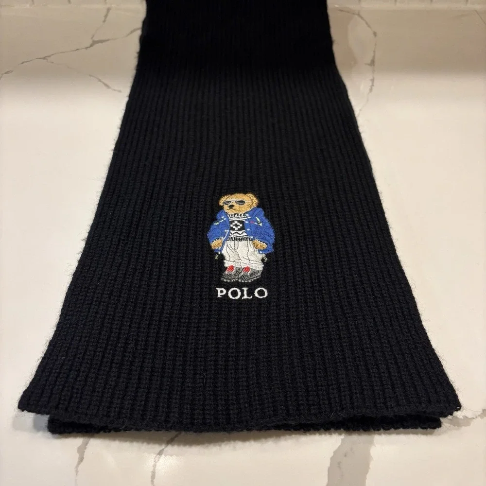 Polo Ralph Lauren Bear Scarf Black Ski Ribbed Knit Wool Cashmere Blend 90x9